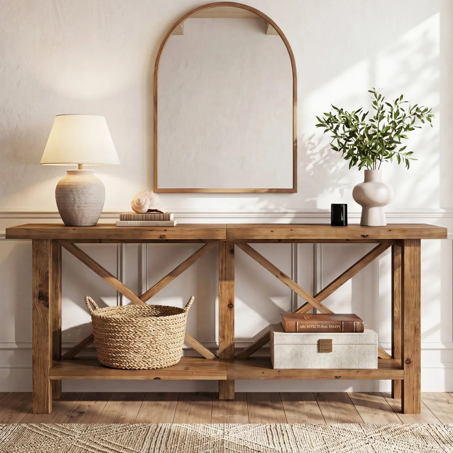70.87" Solid Wood Console Table with Storage, Farmhouse Narrow Entryway & Sofa Table with X-Frame