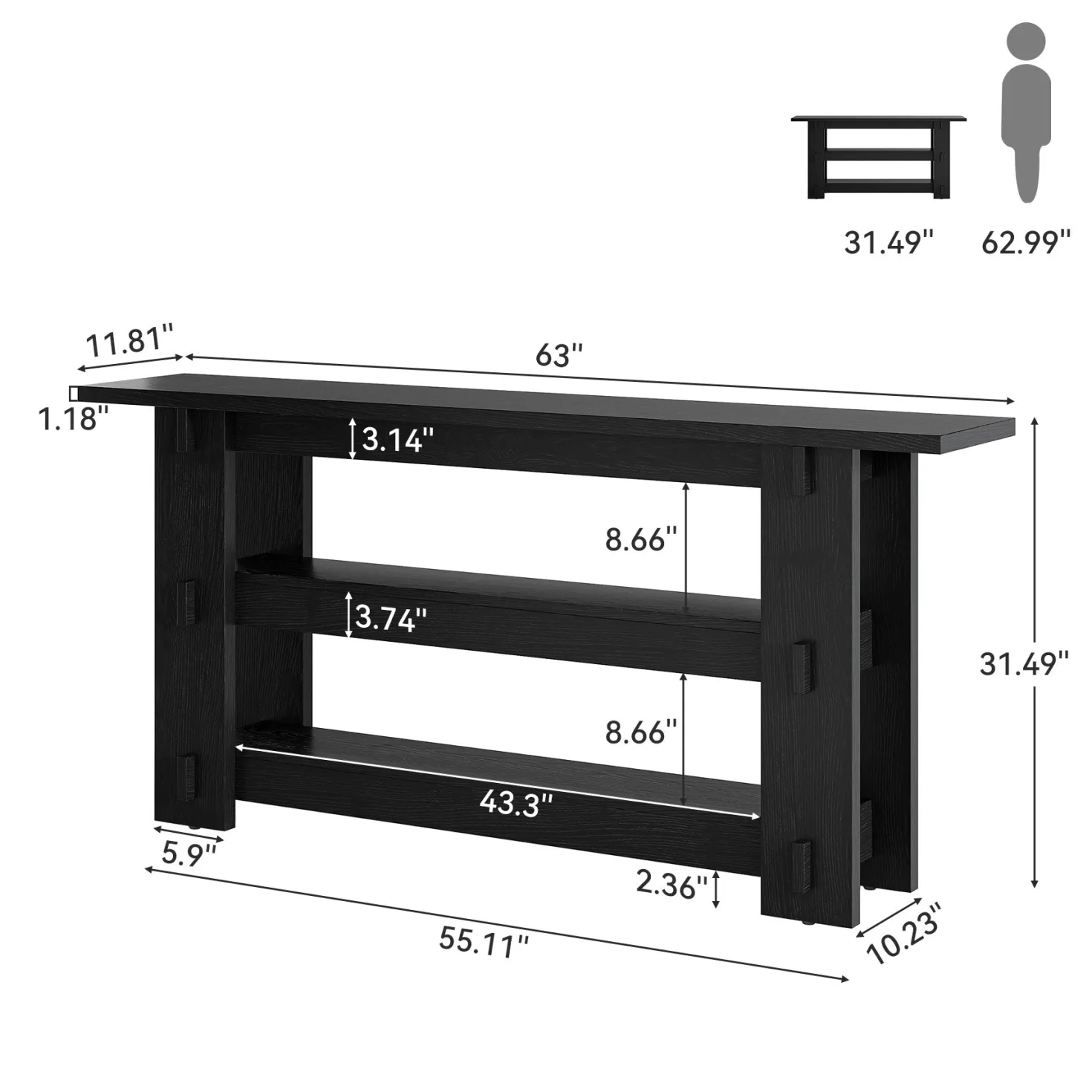 63" Solid Wood Console Table, Farmhouse Sofa Table Behind Couch with 3-Tier Shelves