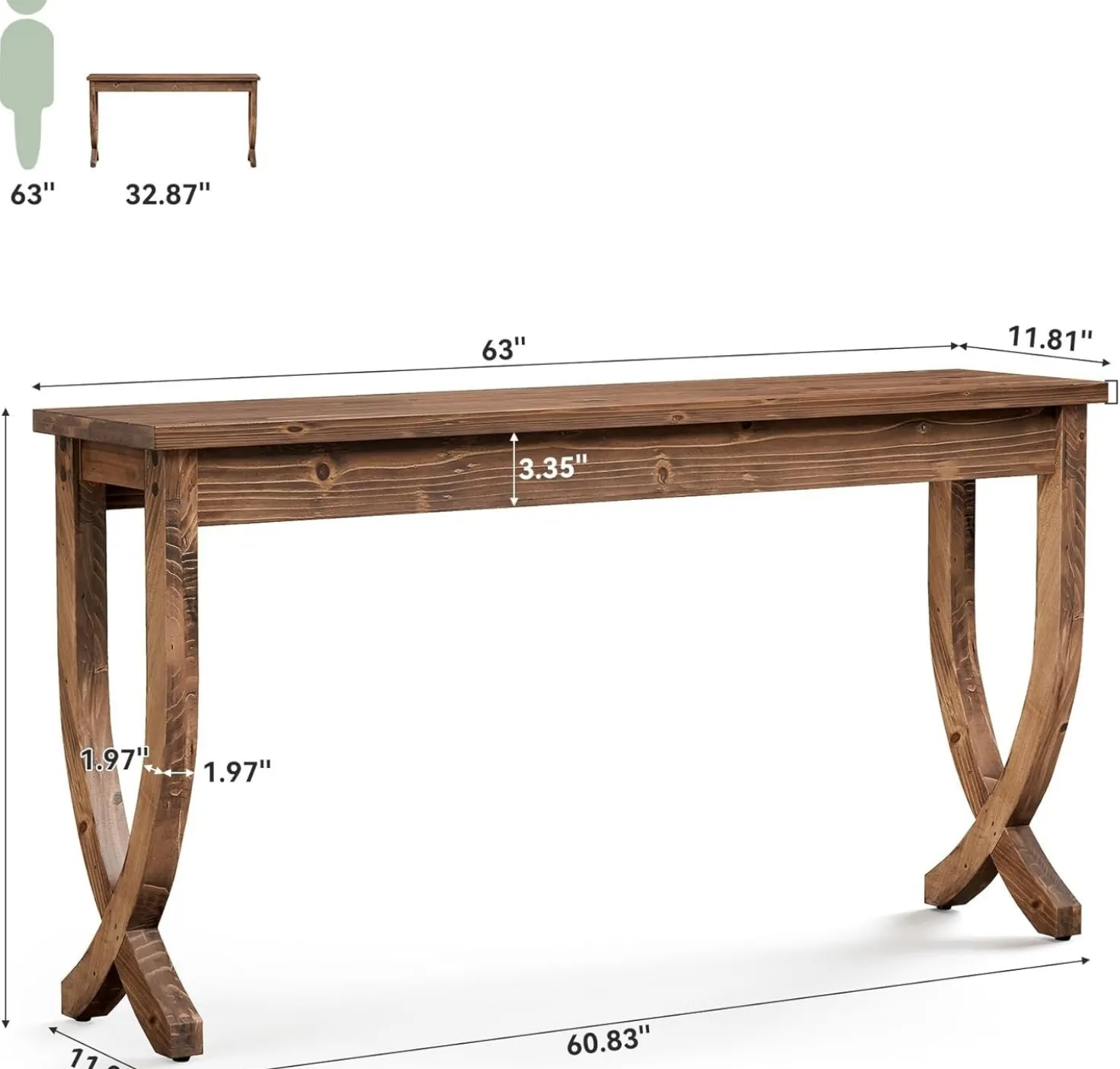 63" Solid Wood Console Table, Farmhouse Entryway Table for Living Room