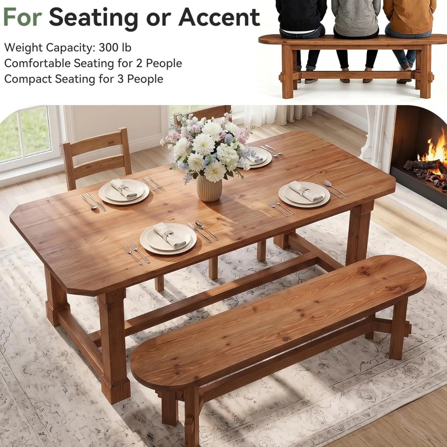 55" Solid Wood Dining Bench, Indoor Bench for Dining Table & Living Room