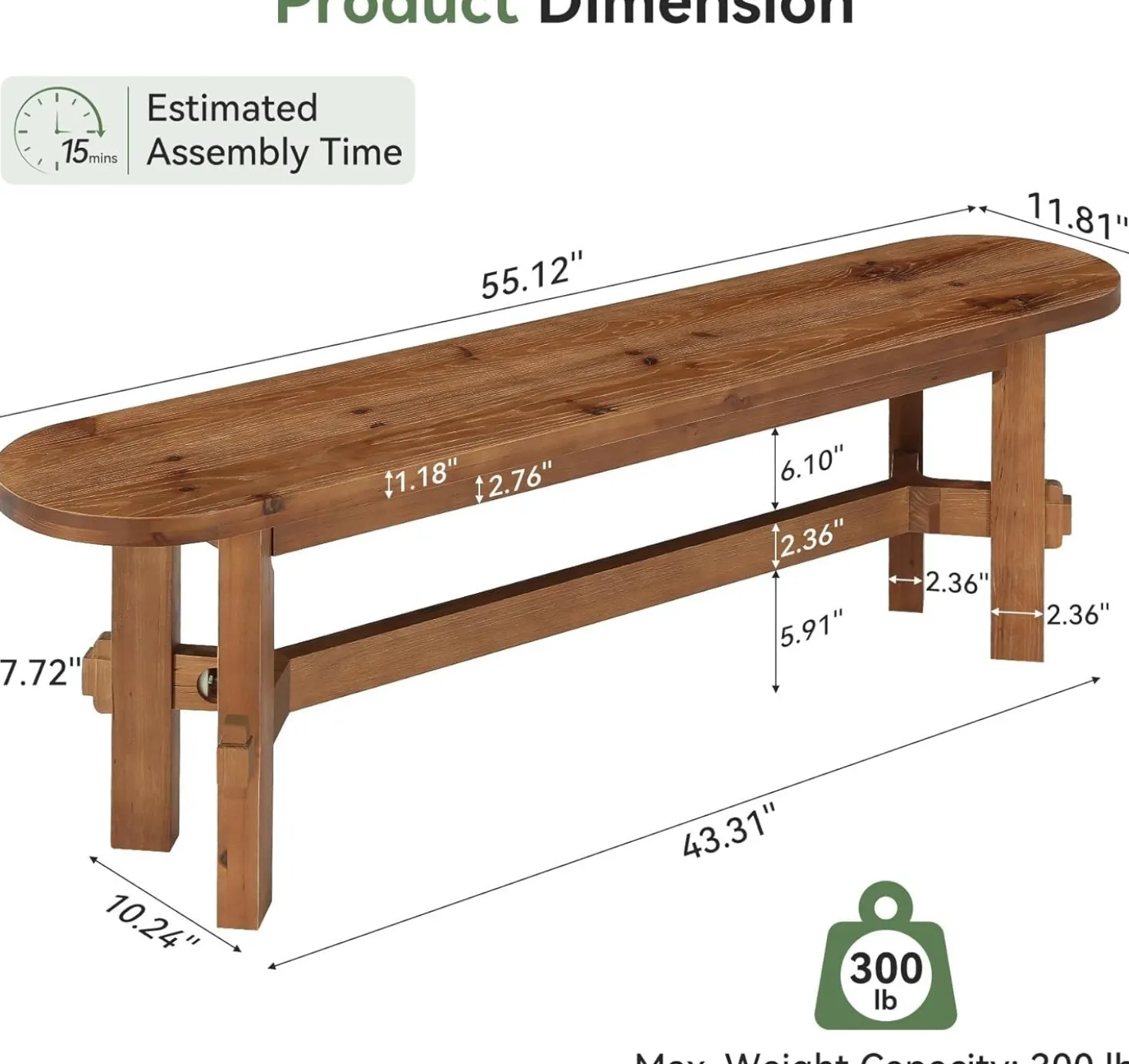 55" Solid Wood Dining Bench, Indoor Bench for Dining Table & Living Room
