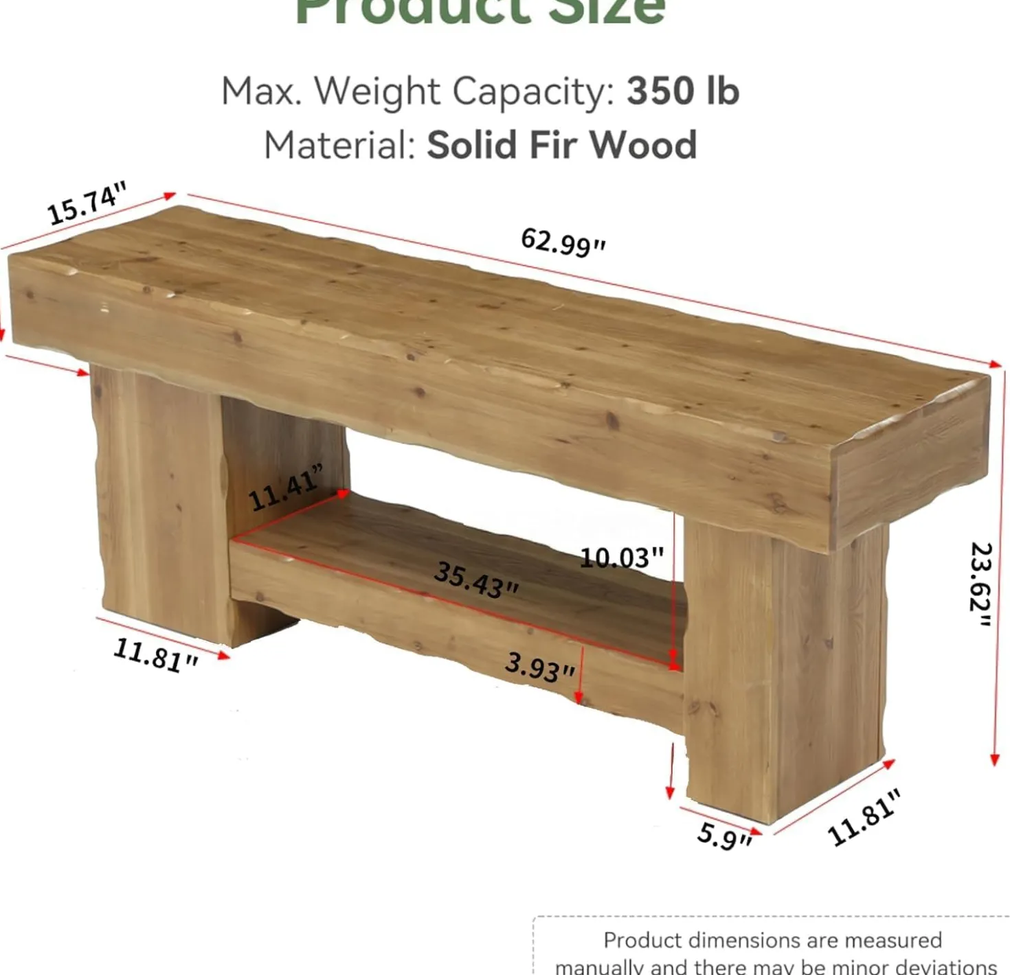 63" Solid Wood Dining Bench, Farmhouse Kitchen Table Bench with Storage Shelf