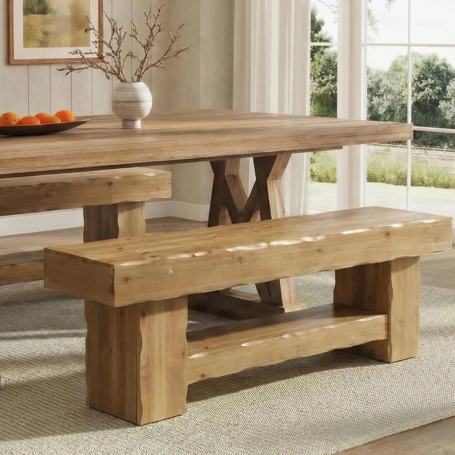 63" Solid Wood Dining Bench, Farmhouse Kitchen Table Bench with Storage Shelf