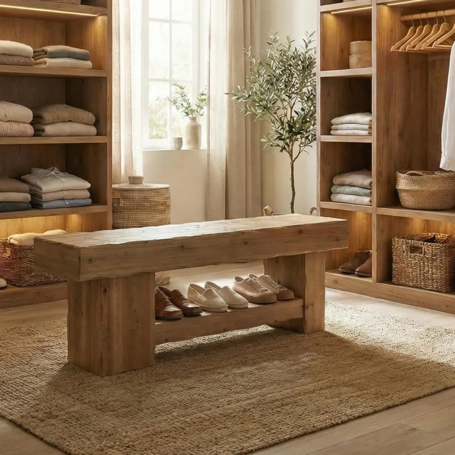63" Solid Wood Dining Bench, Farmhouse Kitchen Table Bench with Storage Shelf