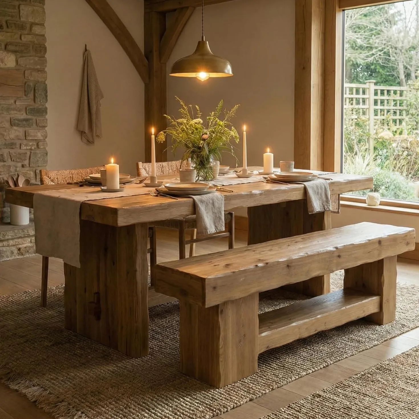63" Solid Wood Dining Bench, Farmhouse Kitchen Table Bench with Storage Shelf
