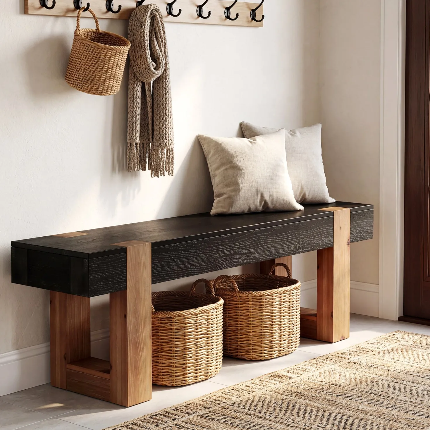 55" Solid Wood Dining Bench, Farmhouse Wooden Entryway Bench