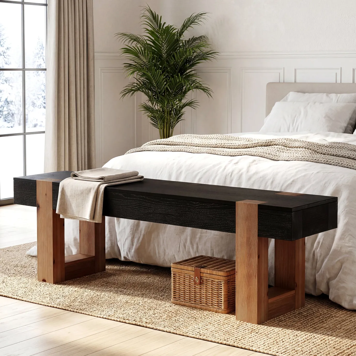 55" Solid Wood Dining Bench, Farmhouse Wooden Entryway Bench