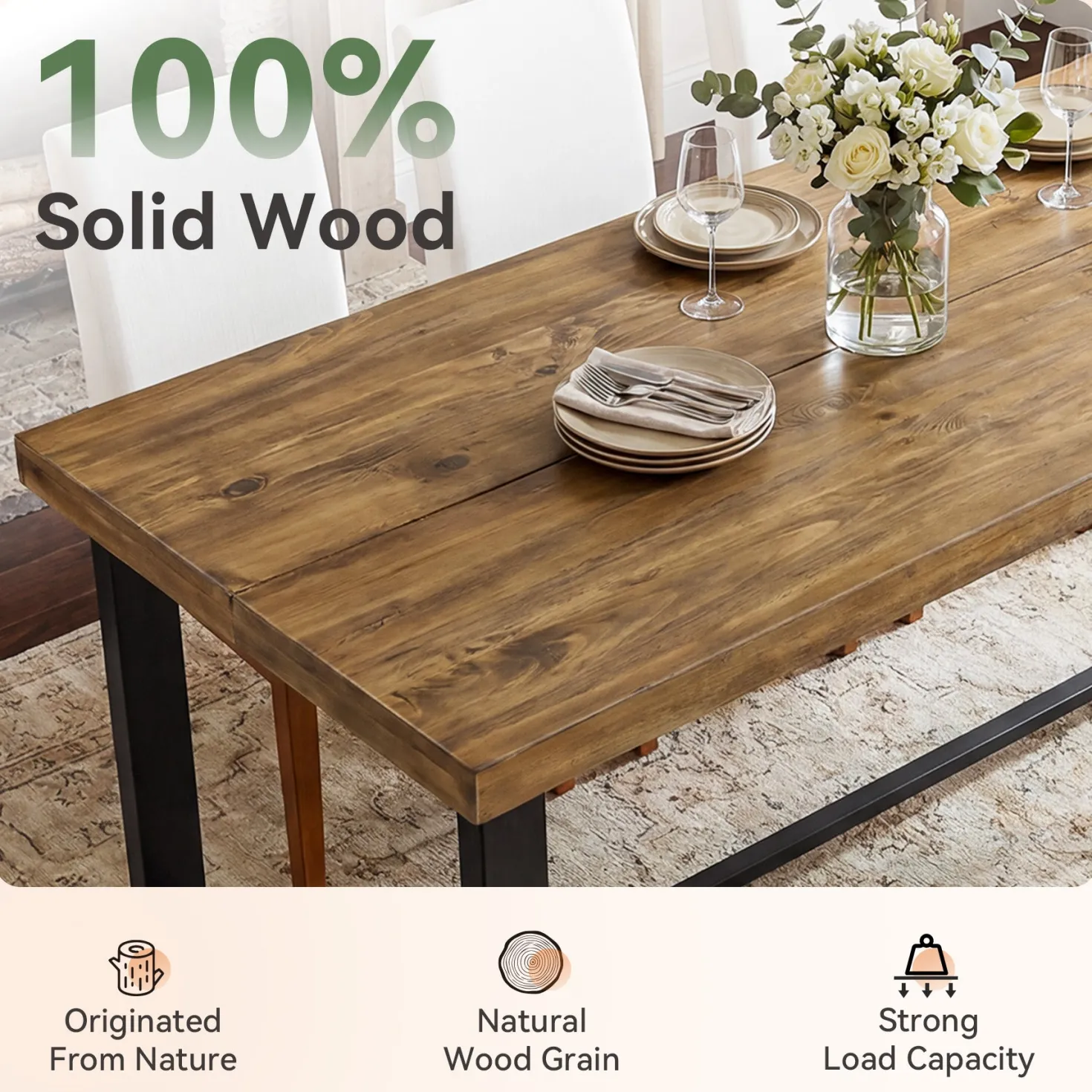 70.8" Solid Wood Dining Table, Farmhouse Kitchen Table for 6-8 for Dining Room