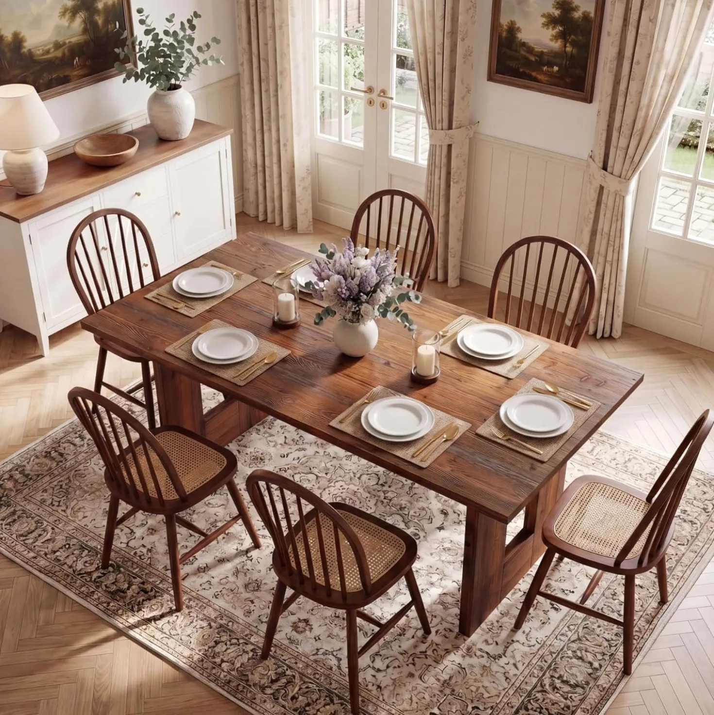 63" Solid Wood Dining Table, Rectangular Kitchen Table for 4-6 People with Thick Top