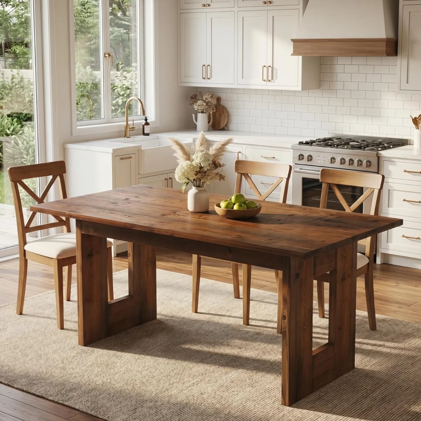 63" Solid Wood Dining Table, Rectangular Kitchen Table for 4-6 People with Thick Top
