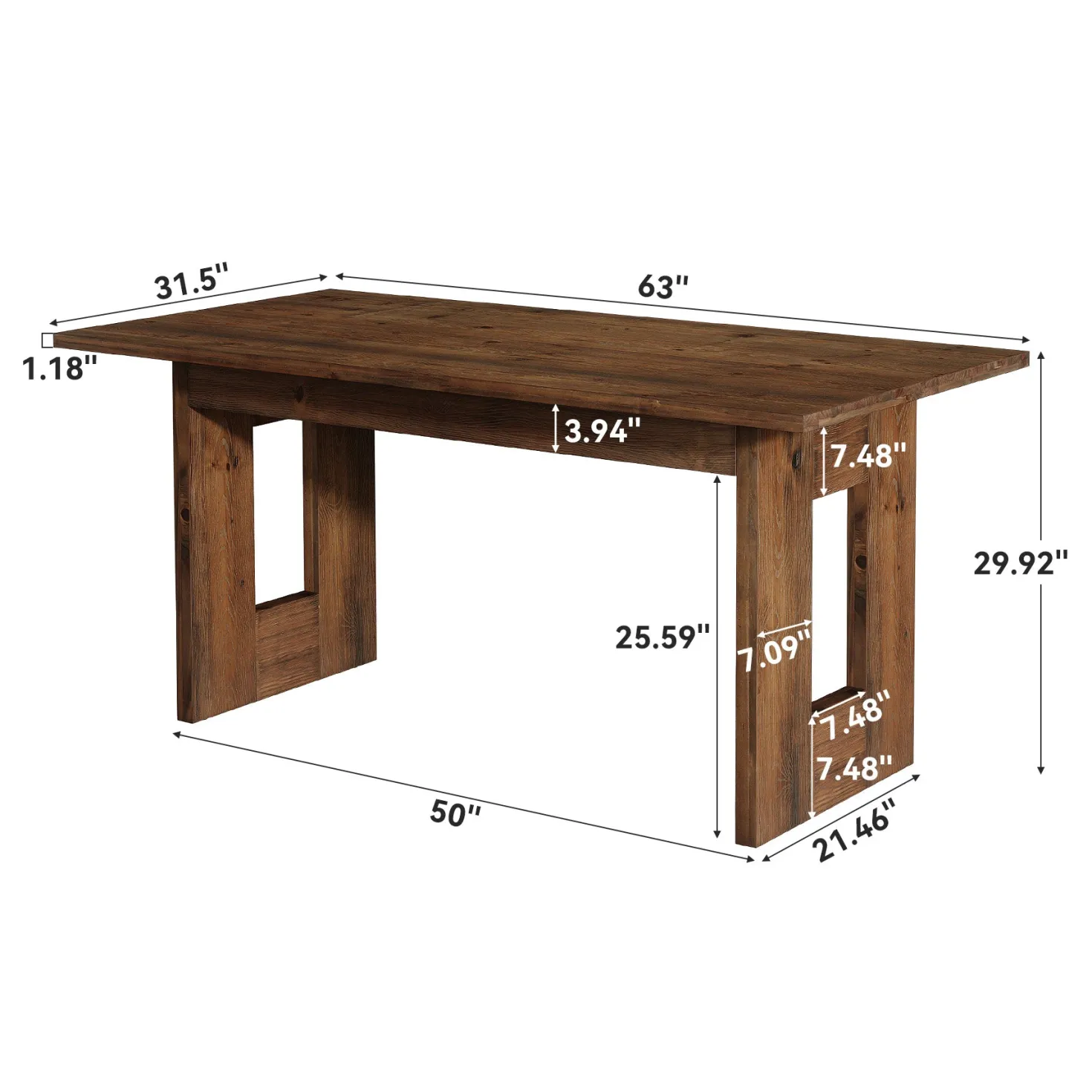 63" Solid Wood Dining Table, Rectangular Kitchen Table for 4-6 People with Thick Top