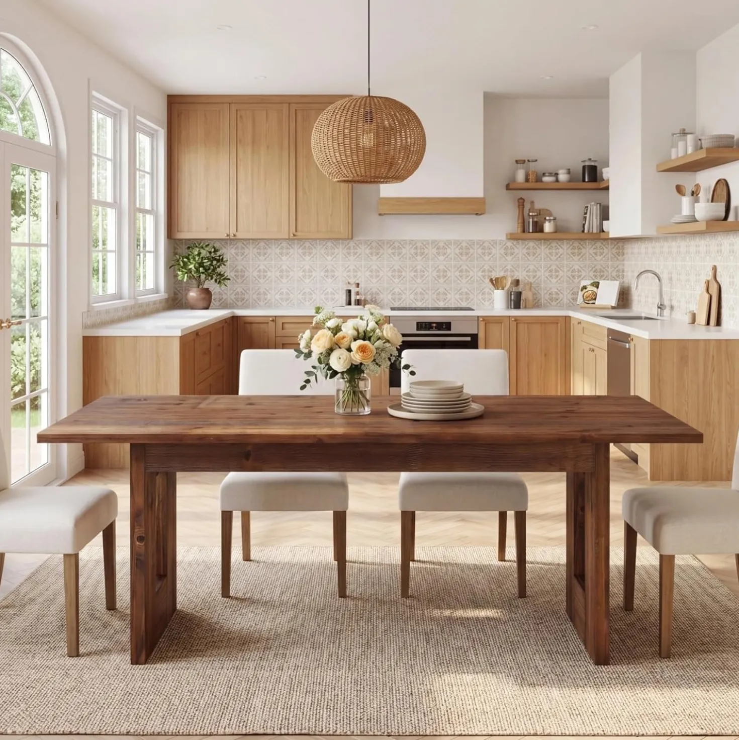 63" Solid Wood Dining Table, Rectangular Kitchen Table for 4-6 People with Thick Top