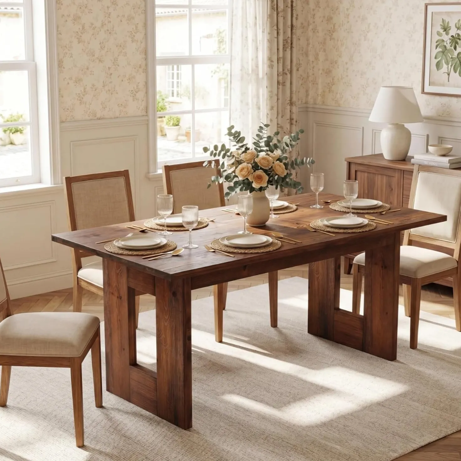 63" Solid Wood Dining Table, Rectangular Kitchen Table for 4-6 People with Thick Top