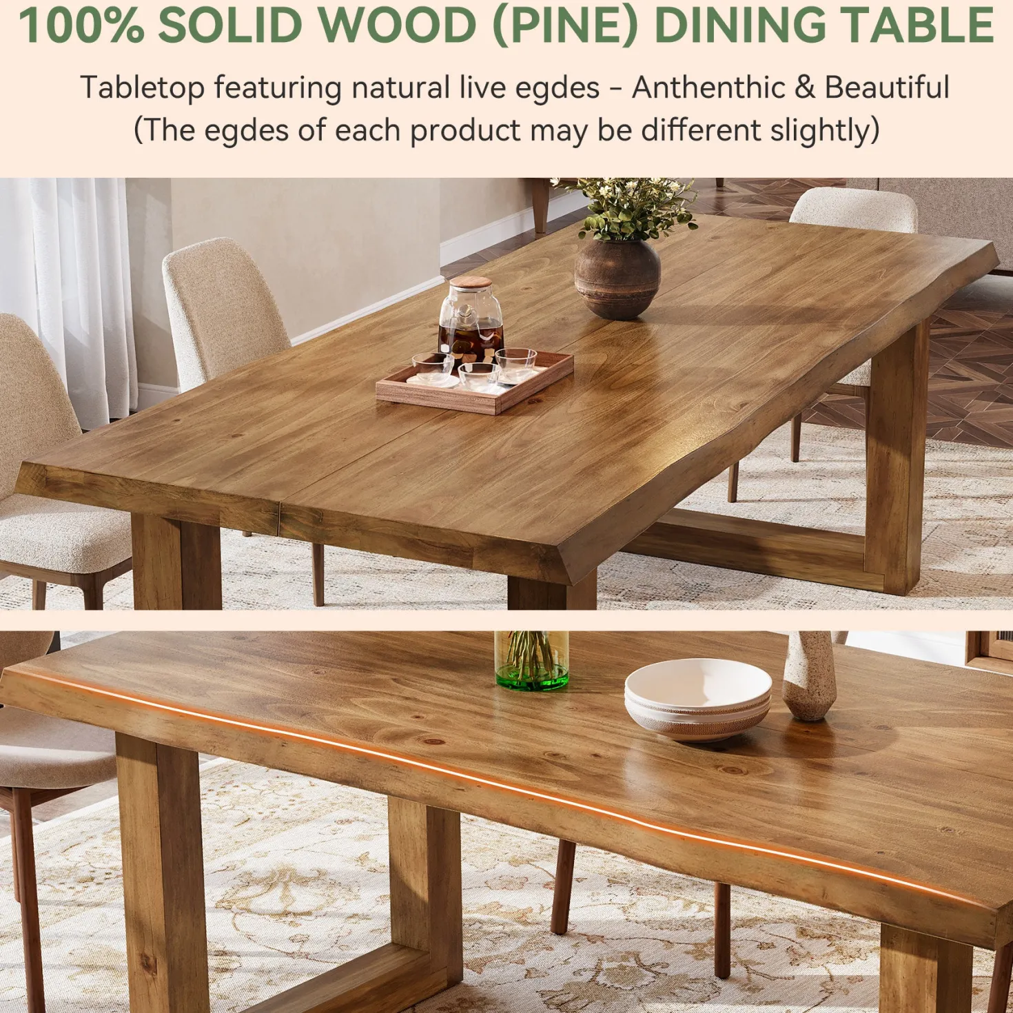 63" Solid Wood Dining Table, Farmhouse Kitchen Table for 4-6 People