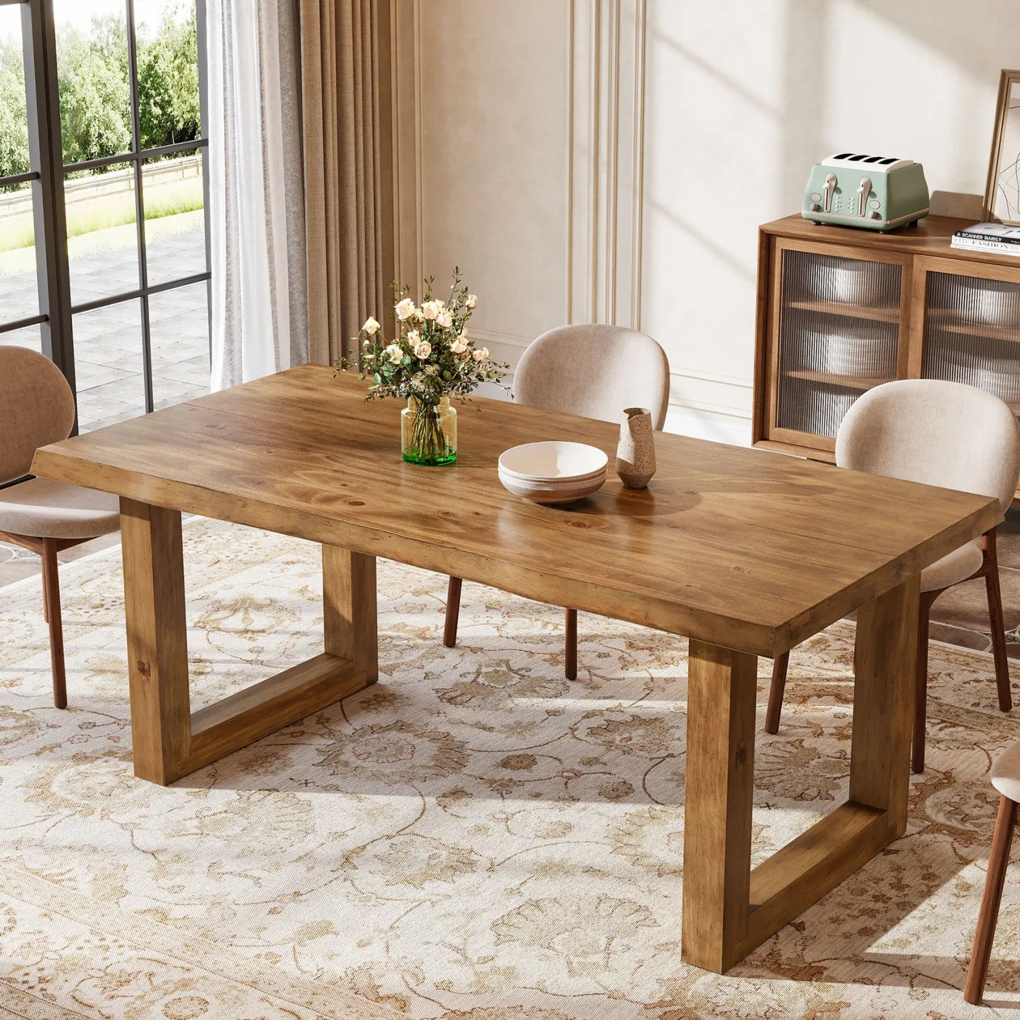 63" Solid Wood Dining Table, Farmhouse Kitchen Table for 4-6 People