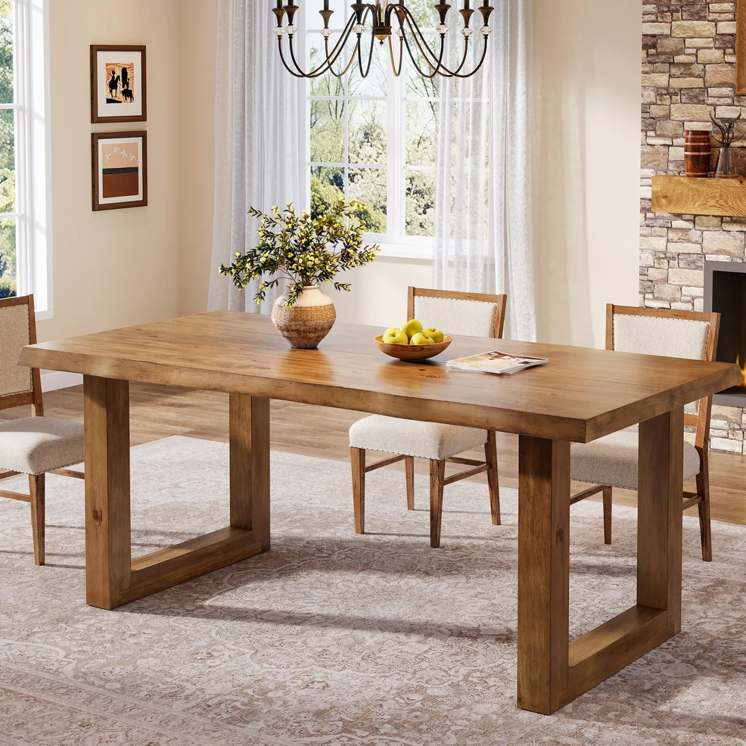 63" Solid Wood Dining Table, Farmhouse Kitchen Table for 4-6 People