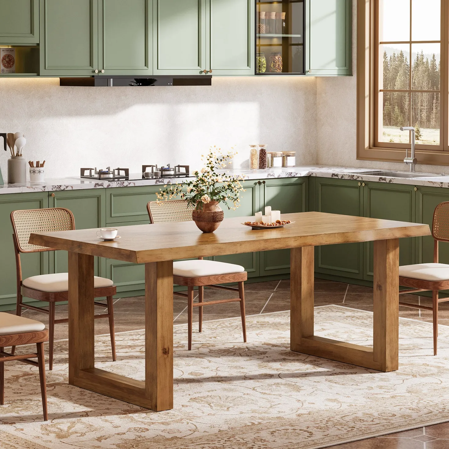 63" Solid Wood Dining Table, Farmhouse Kitchen Table for 4-6 People