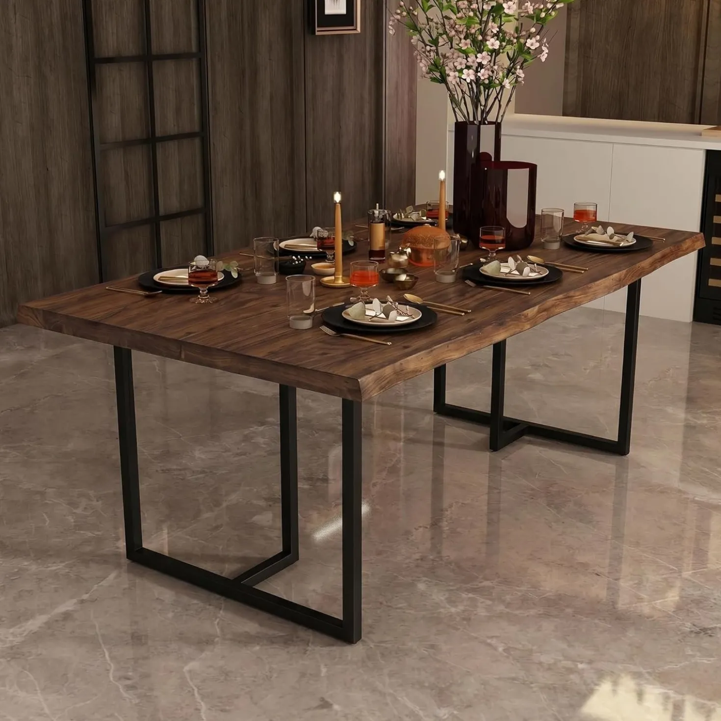 63" Solid Wood Dining Table, Rectangular Kitchen Table with Live-Edge Inspired Top for 4–6