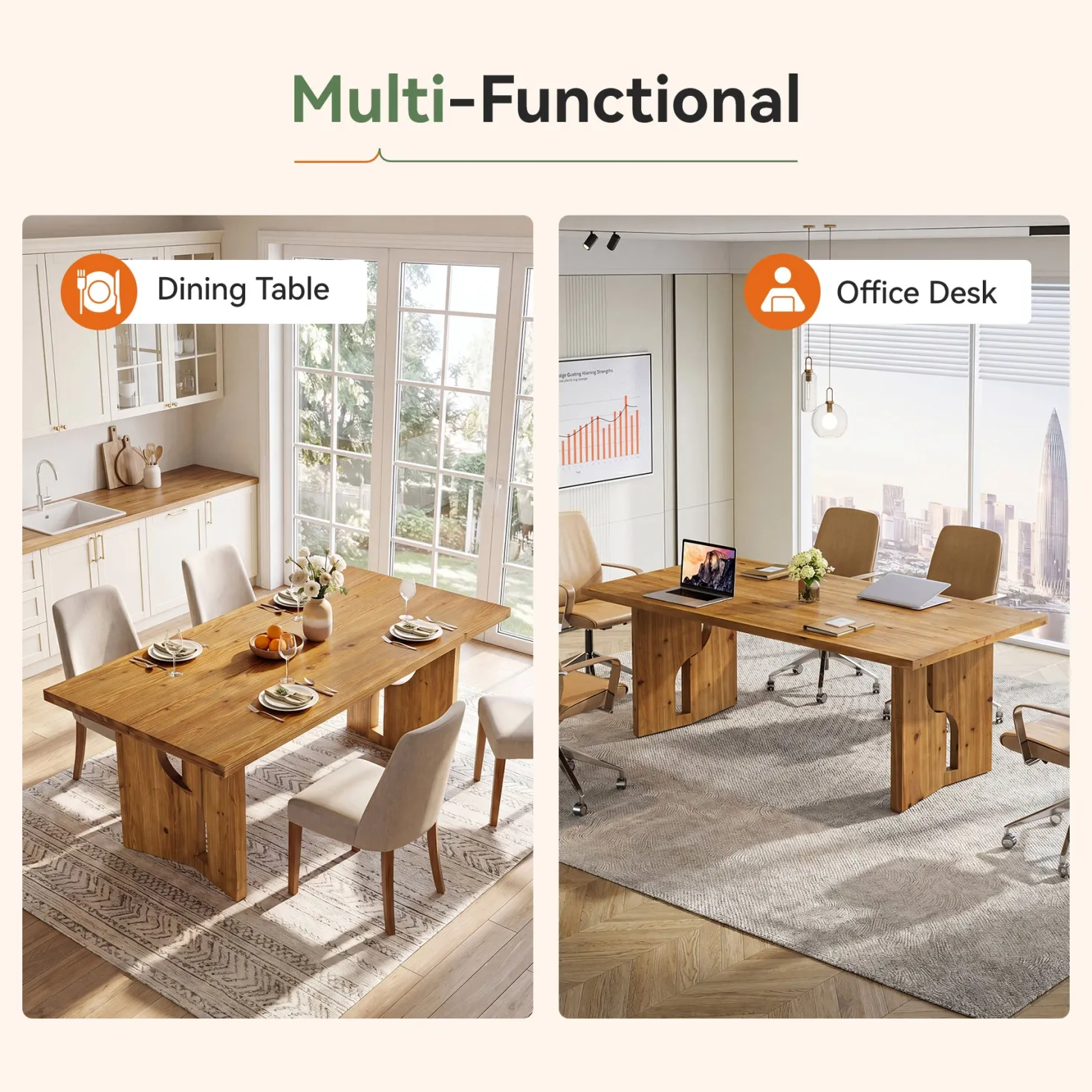 63" Solid Wood Dining Table for 4-6, Farmhouse Kitchen Table with Cutout Bases