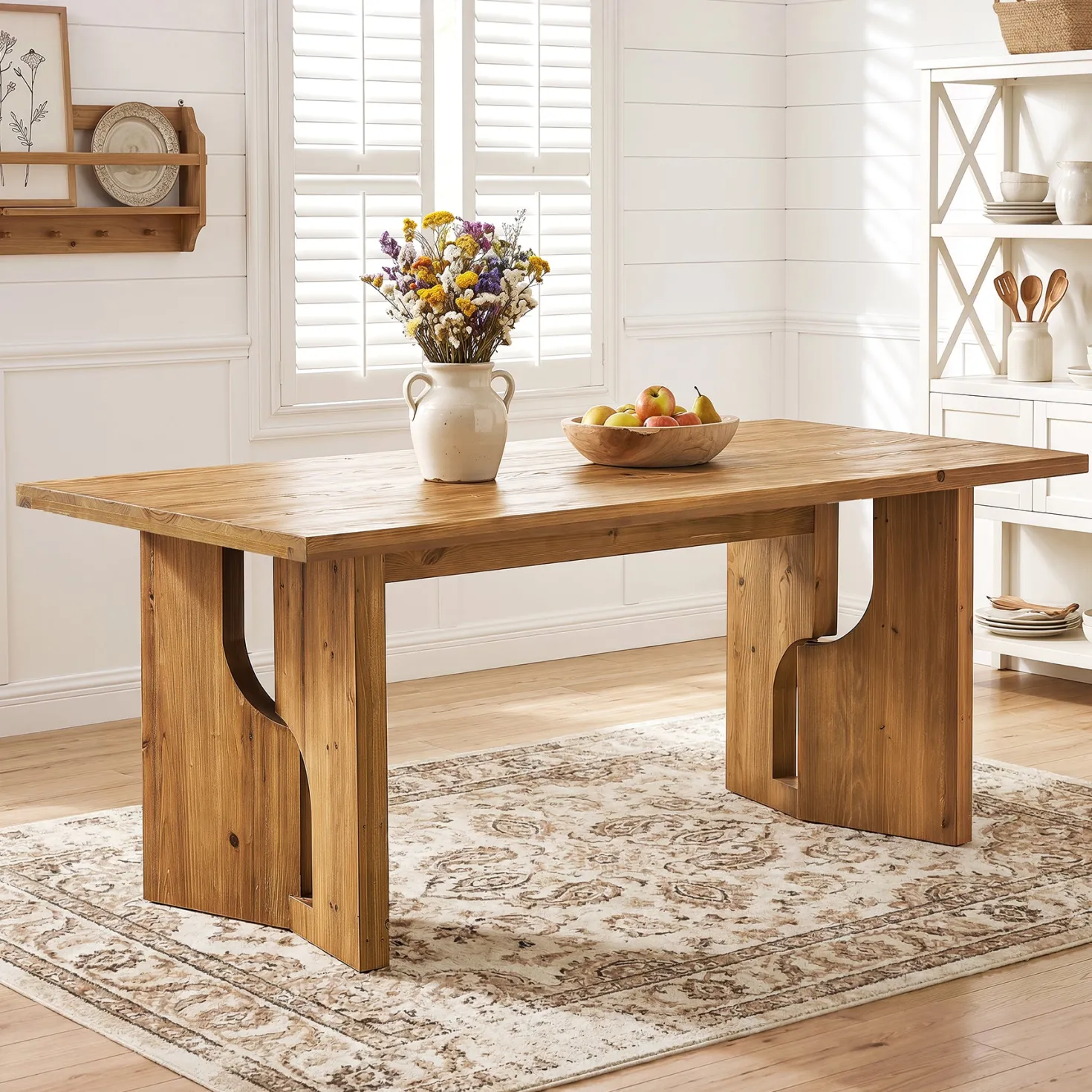 63" Solid Wood Dining Table for 4-6, Farmhouse Kitchen Table with Cutout Bases