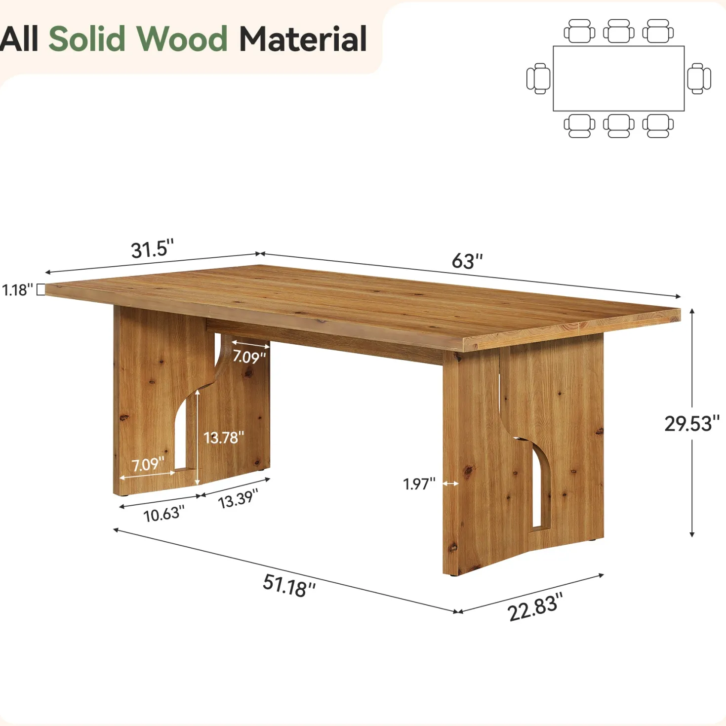 63" Solid Wood Dining Table for 4-6, Farmhouse Kitchen Table with Cutout Bases
