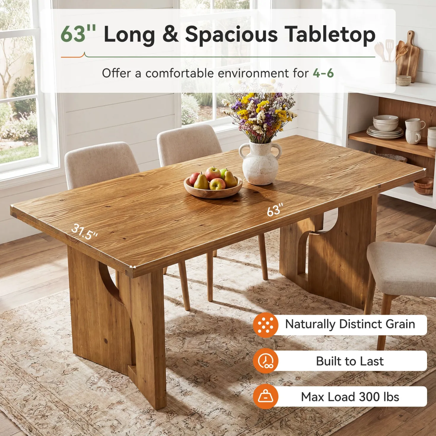 63" Solid Wood Dining Table for 4-6, Farmhouse Kitchen Table with Cutout Bases