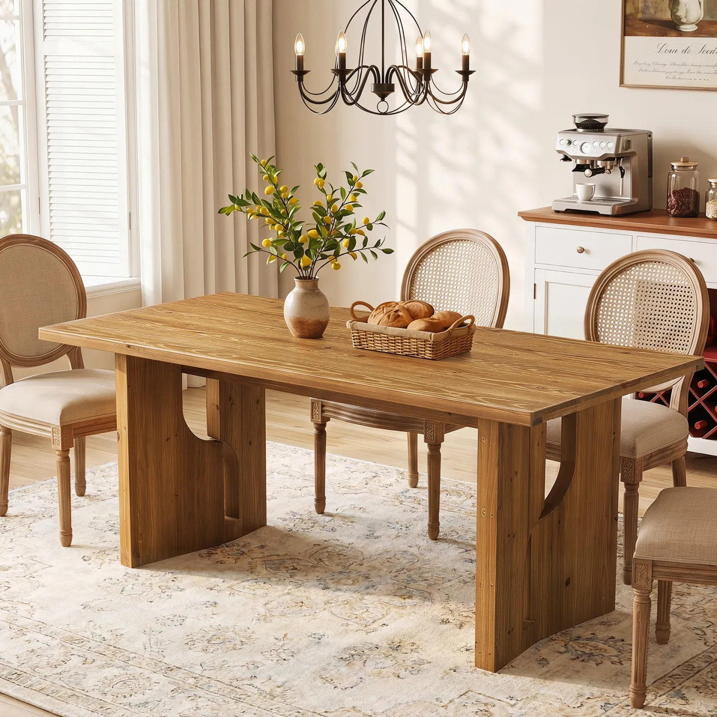 63" Solid Wood Dining Table for 4-6, Farmhouse Kitchen Table with Cutout Bases
