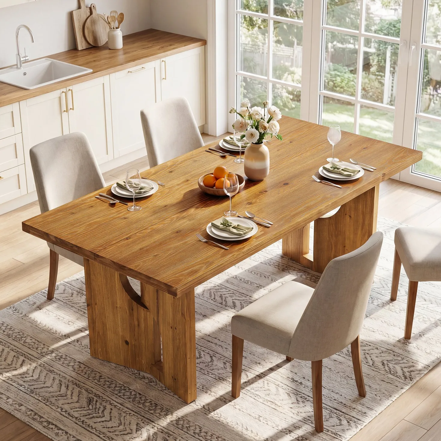 63" Solid Wood Dining Table for 4-6, Farmhouse Kitchen Table with Cutout Bases