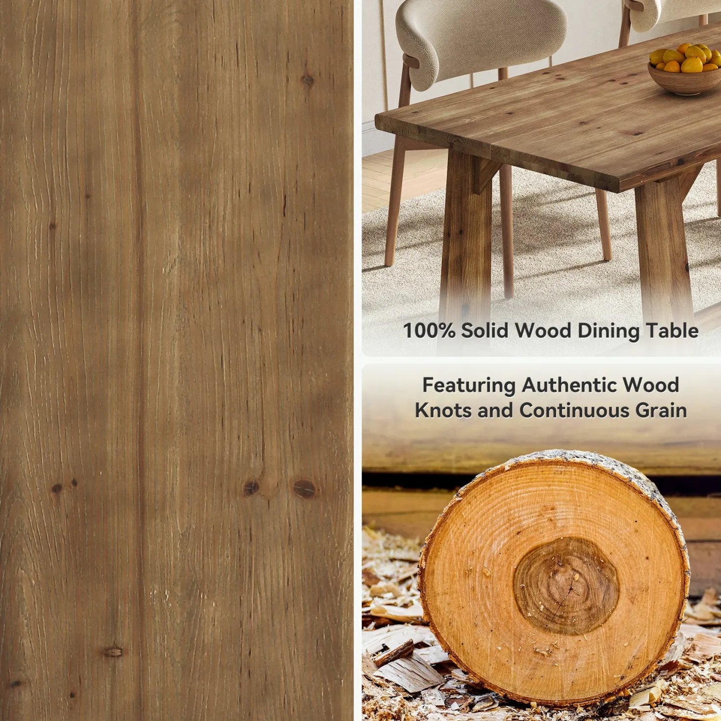 63" Solid Wood Dining Table for 4-6 People, Rustic Farmhouse Kitchen & Dining Room Table