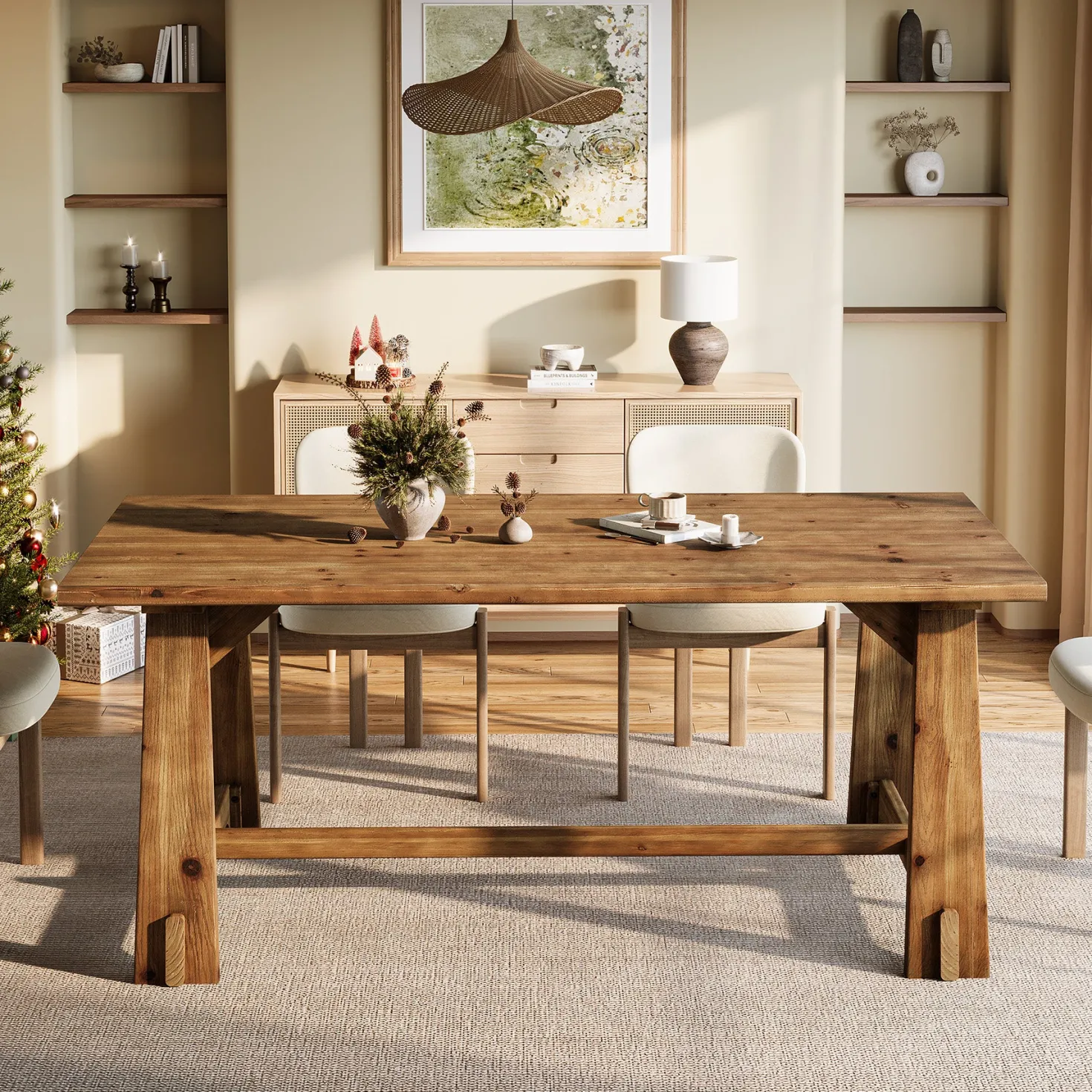 63" Solid Wood Dining Table for 4-6 People, Rustic Farmhouse Kitchen & Dining Room Table