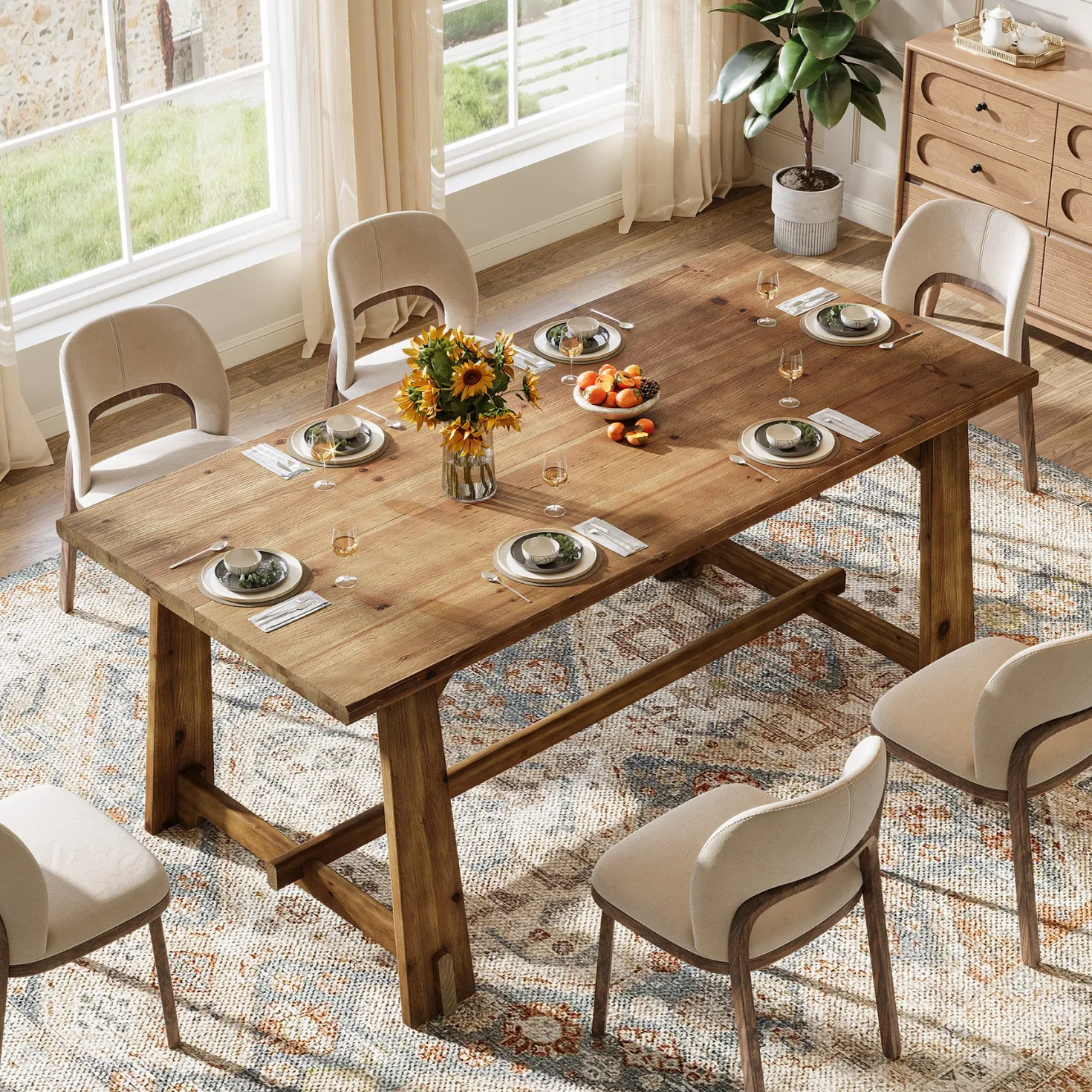 63" Solid Wood Dining Table for 4-6 People, Rustic Farmhouse Kitchen & Dining Room Table