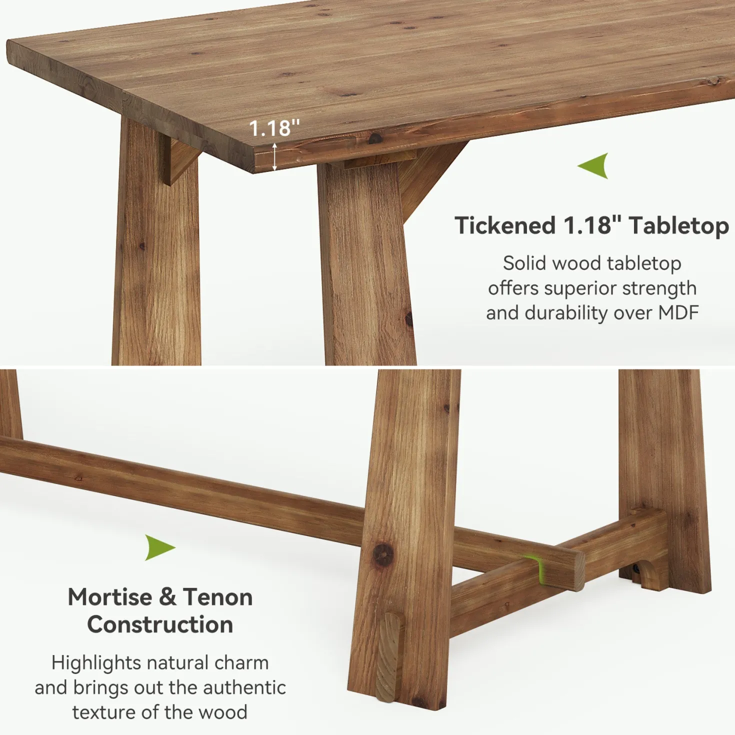 63" Solid Wood Dining Table for 4-6 People, Rustic Farmhouse Kitchen & Dining Room Table