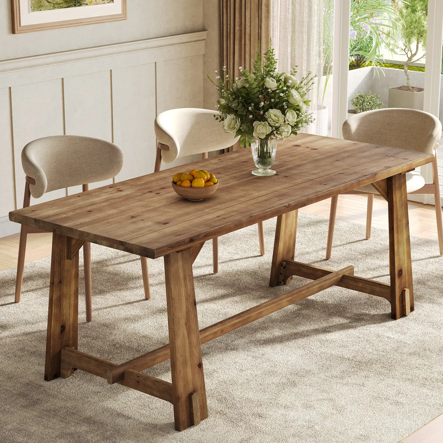 63" Solid Wood Dining Table for 4-6 People, Rustic Farmhouse Kitchen & Dining Room Table