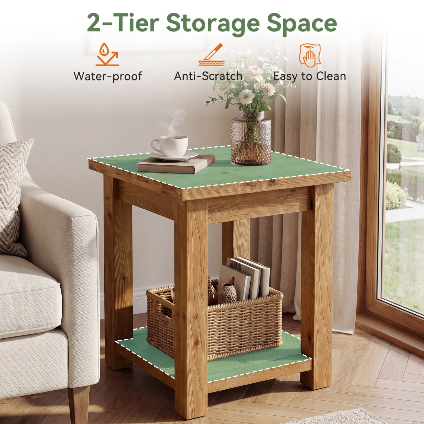 19.7" Solid Wood End Table, Square Side Table with Storage Shelves for Living Room