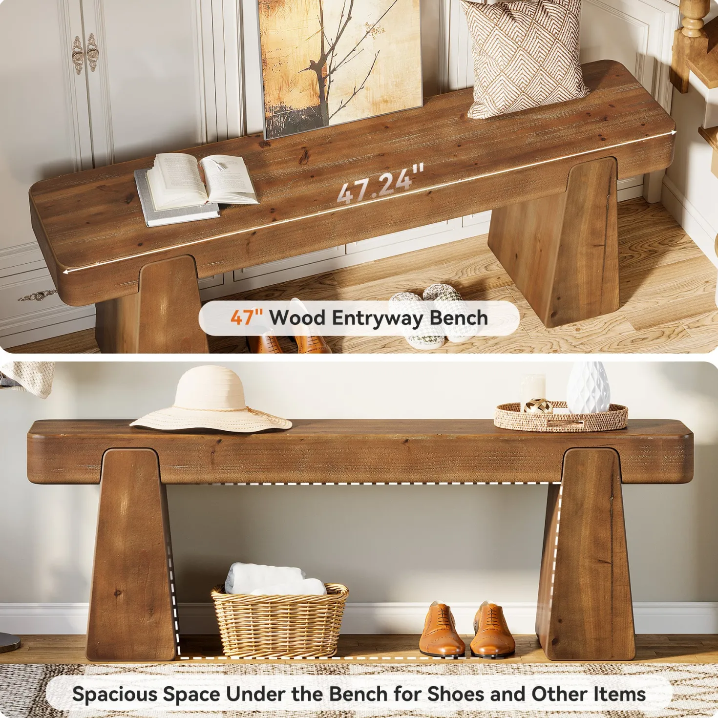 47" Solid Wood Entryway Bench, Farmhouse Shoe Bench with Thickened Legs