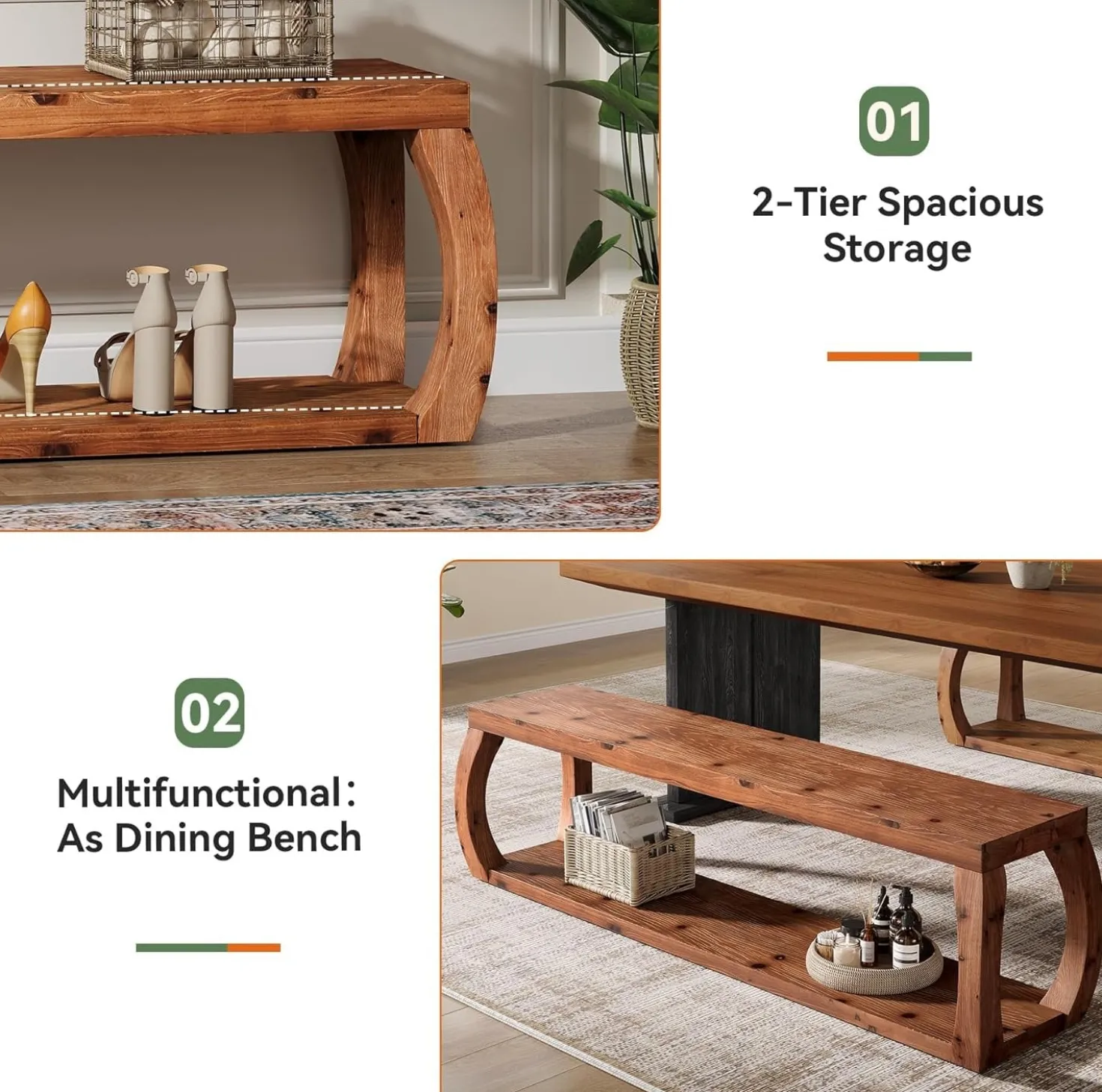 59" Solid Wood Entryway Bench,2-Tier Shoe Bench End of Bed Bench with Open Shelves