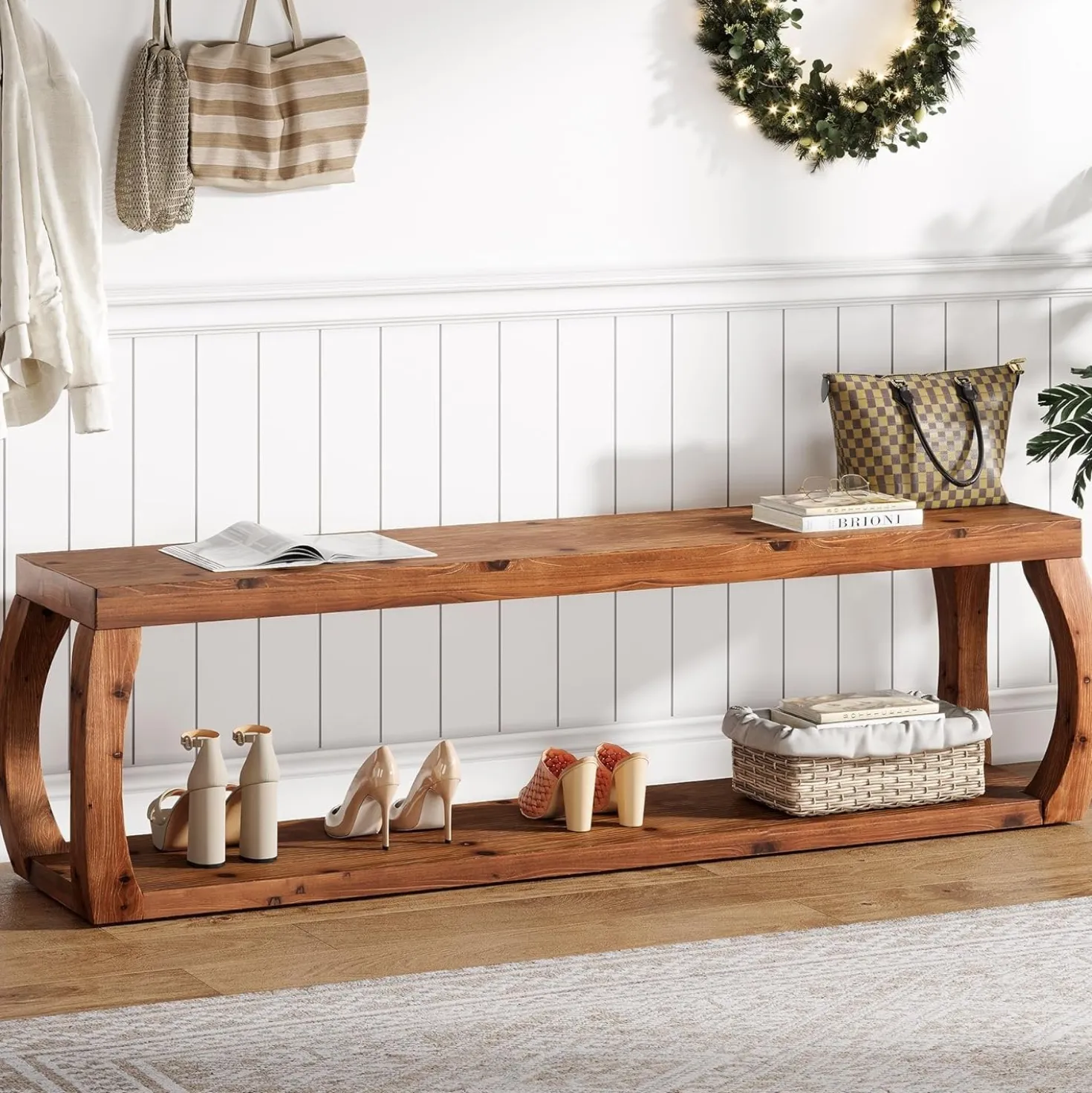 59" Solid Wood Entryway Bench,2-Tier Shoe Bench End of Bed Bench with Open Shelves