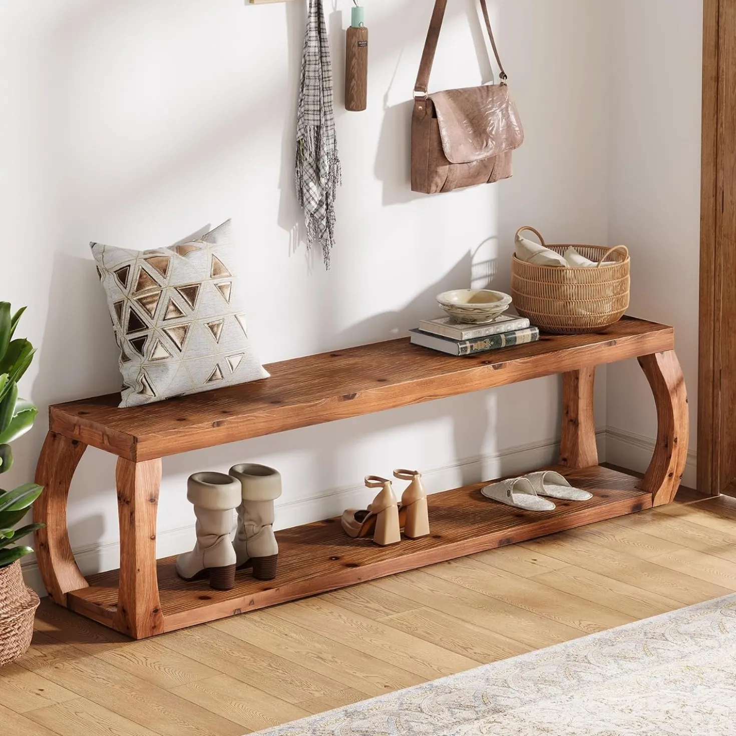 59" Solid Wood Entryway Bench,2-Tier Shoe Bench End of Bed Bench with Open Shelves