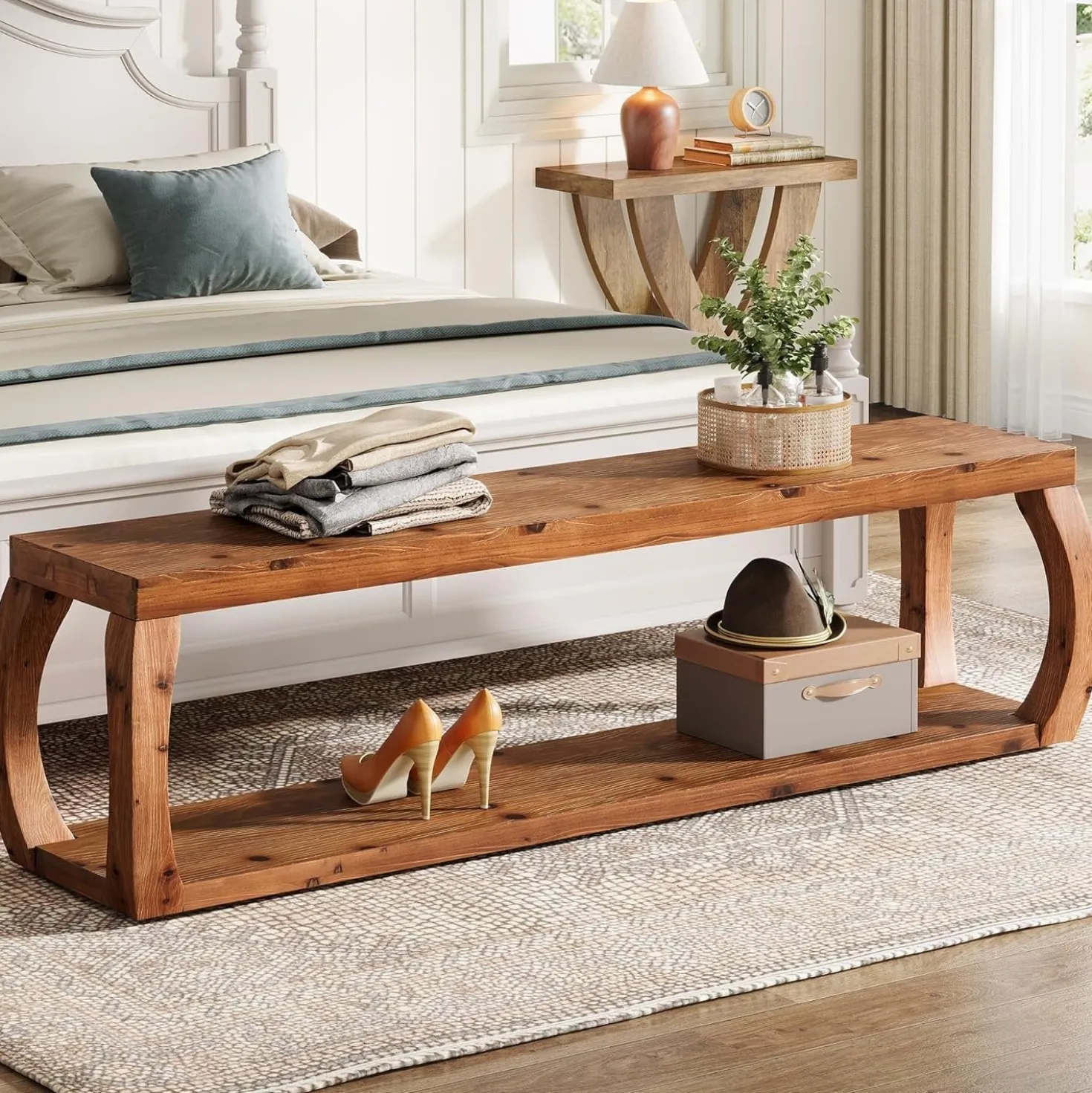 59" Solid Wood Entryway Bench,2-Tier Shoe Bench End of Bed Bench with Open Shelves