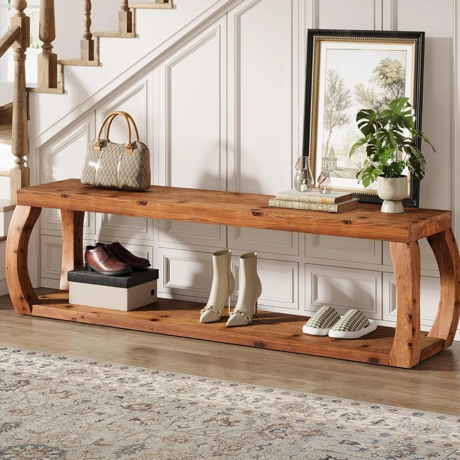 59" Solid Wood Entryway Bench,2-Tier Shoe Bench End of Bed Bench with Open Shelves