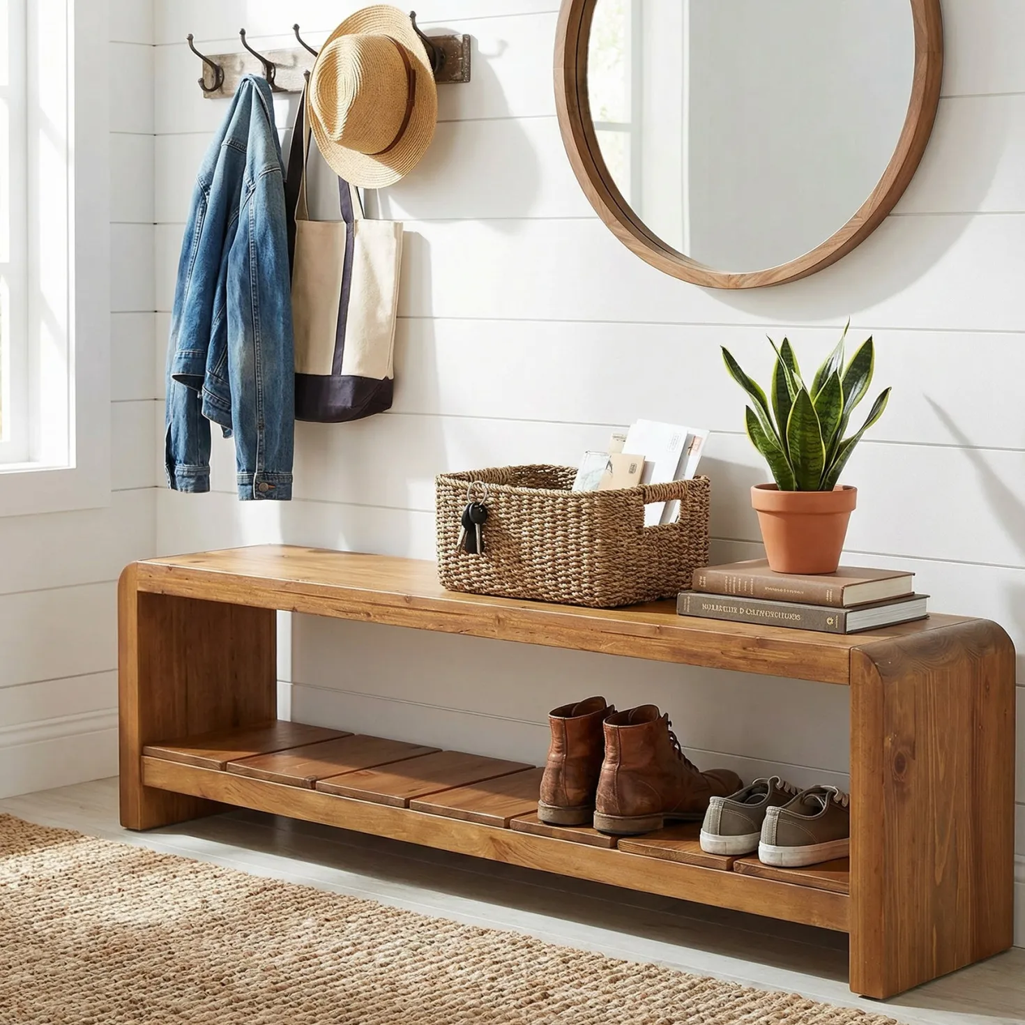 59" Solid Wood Entryway Bench, Farmhouse End of Bed Seating Shoe Bench with Storage