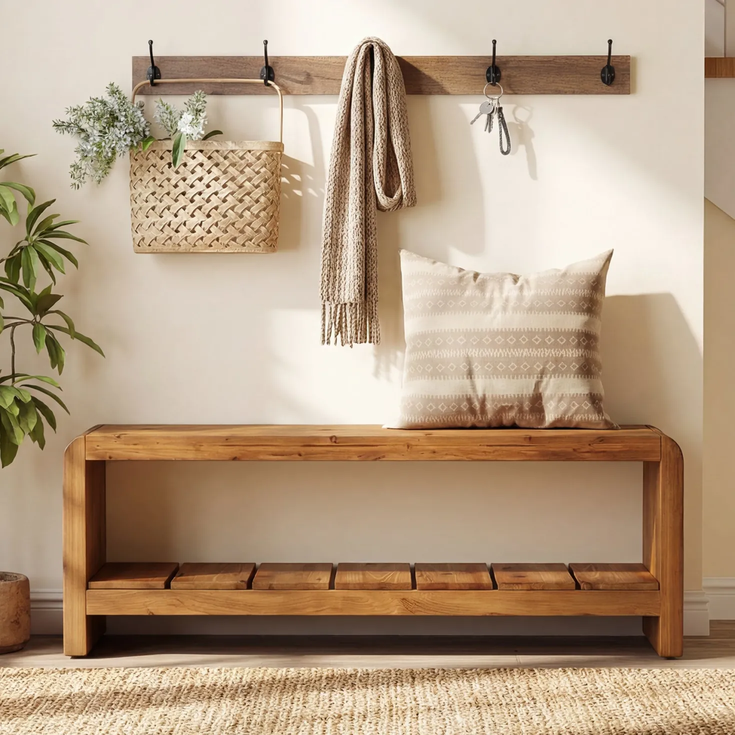 59" Solid Wood Entryway Bench, Farmhouse End of Bed Seating Shoe Bench with Storage