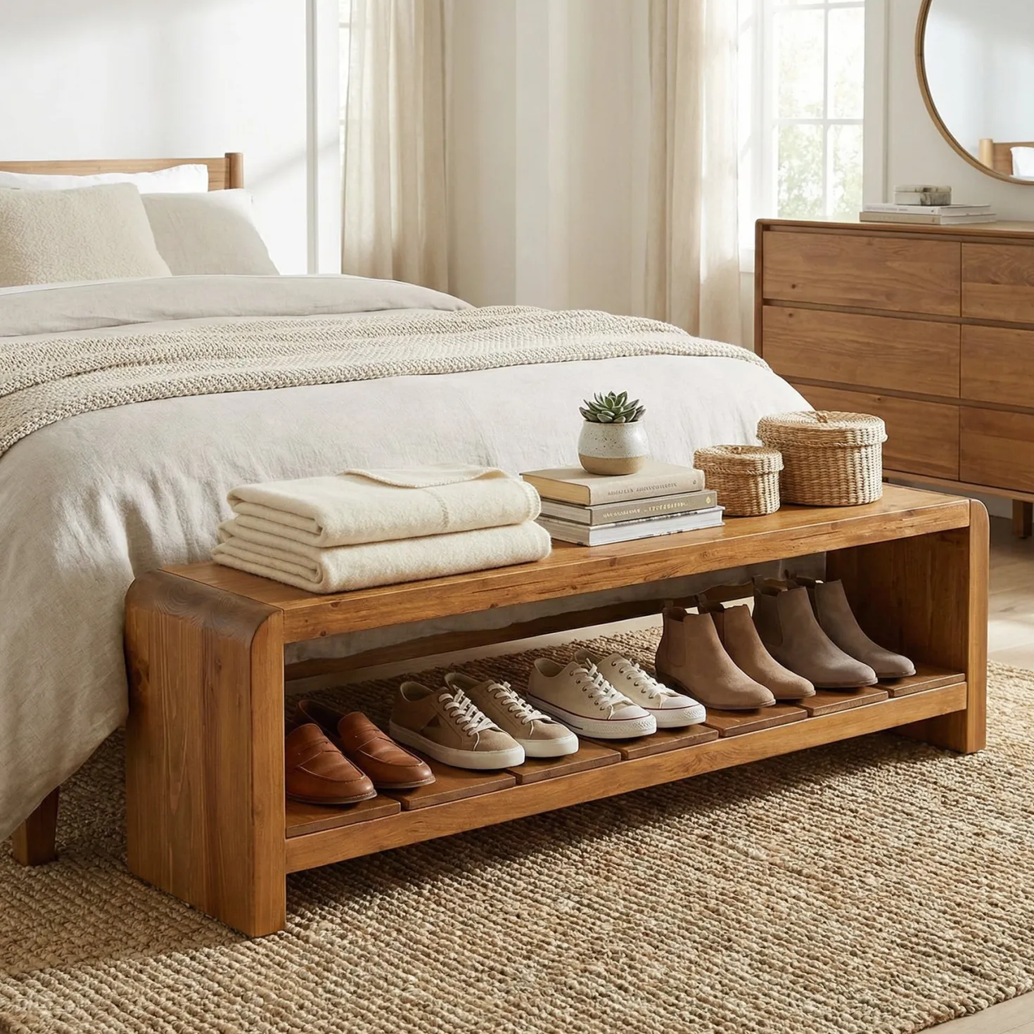 59" Solid Wood Entryway Bench, Farmhouse End of Bed Seating Shoe Bench with Storage
