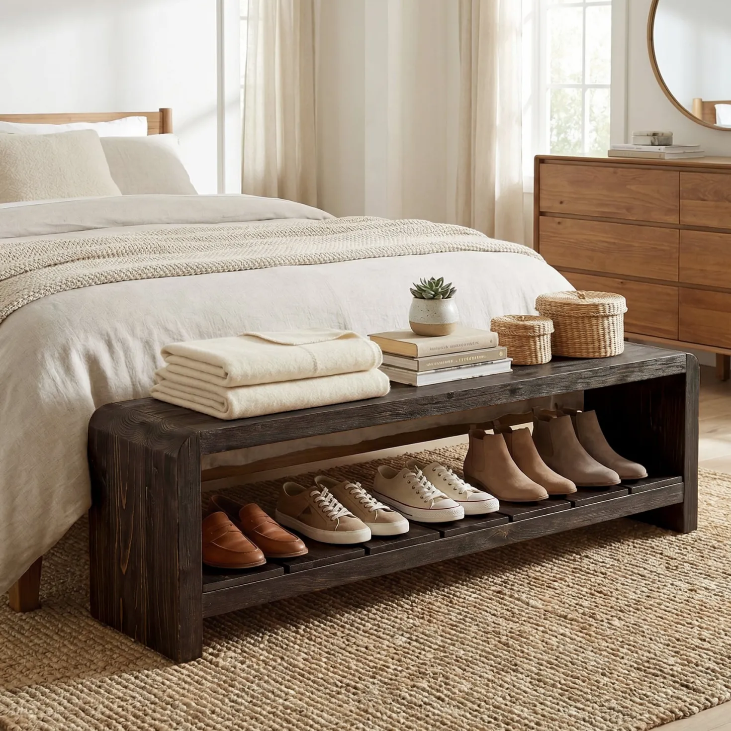 59" Solid Wood Entryway Bench, Farmhouse End of Bed Seating Shoe Bench with Storage