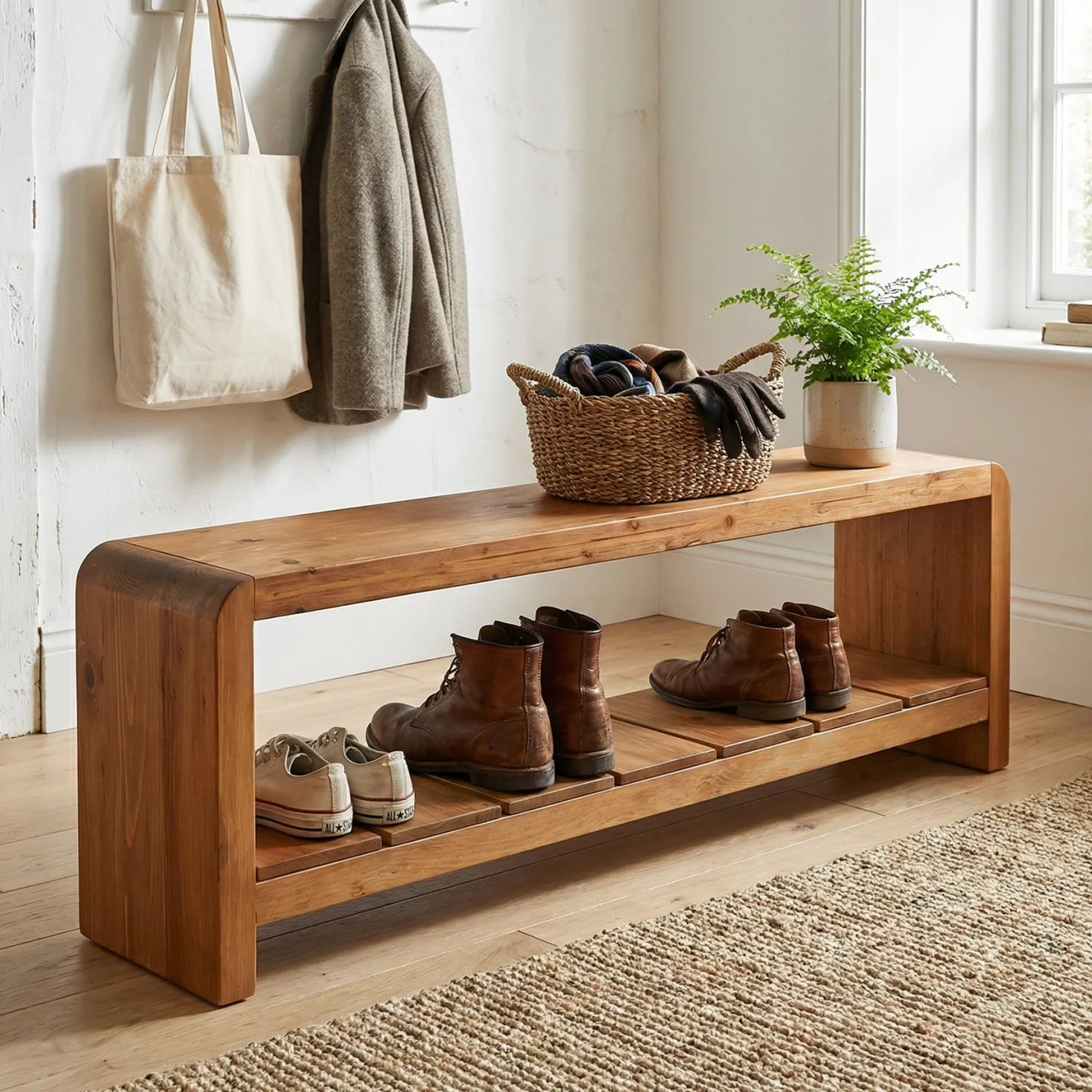 59" Solid Wood Entryway Bench, Farmhouse End of Bed Seating Shoe Bench with Storage