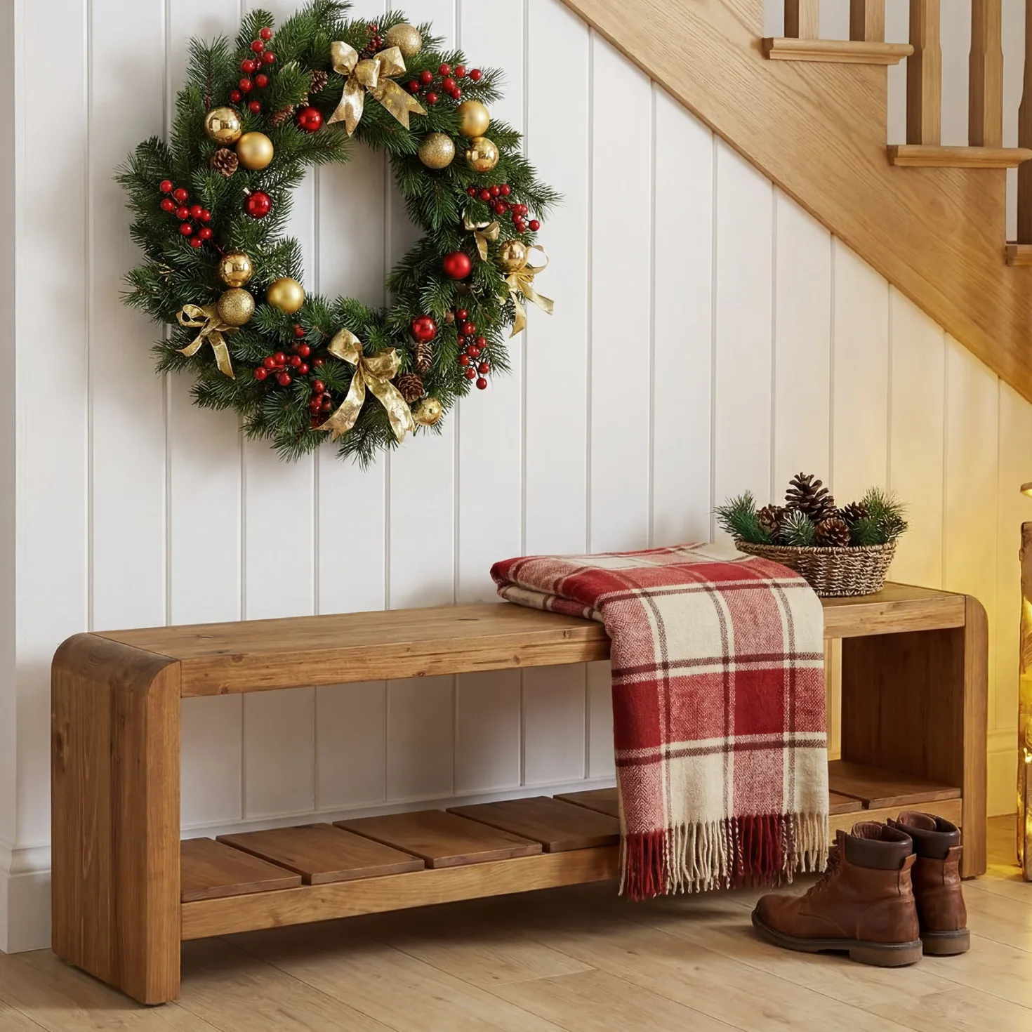 59" Solid Wood Entryway Bench, Farmhouse End of Bed Seating Shoe Bench with Storage