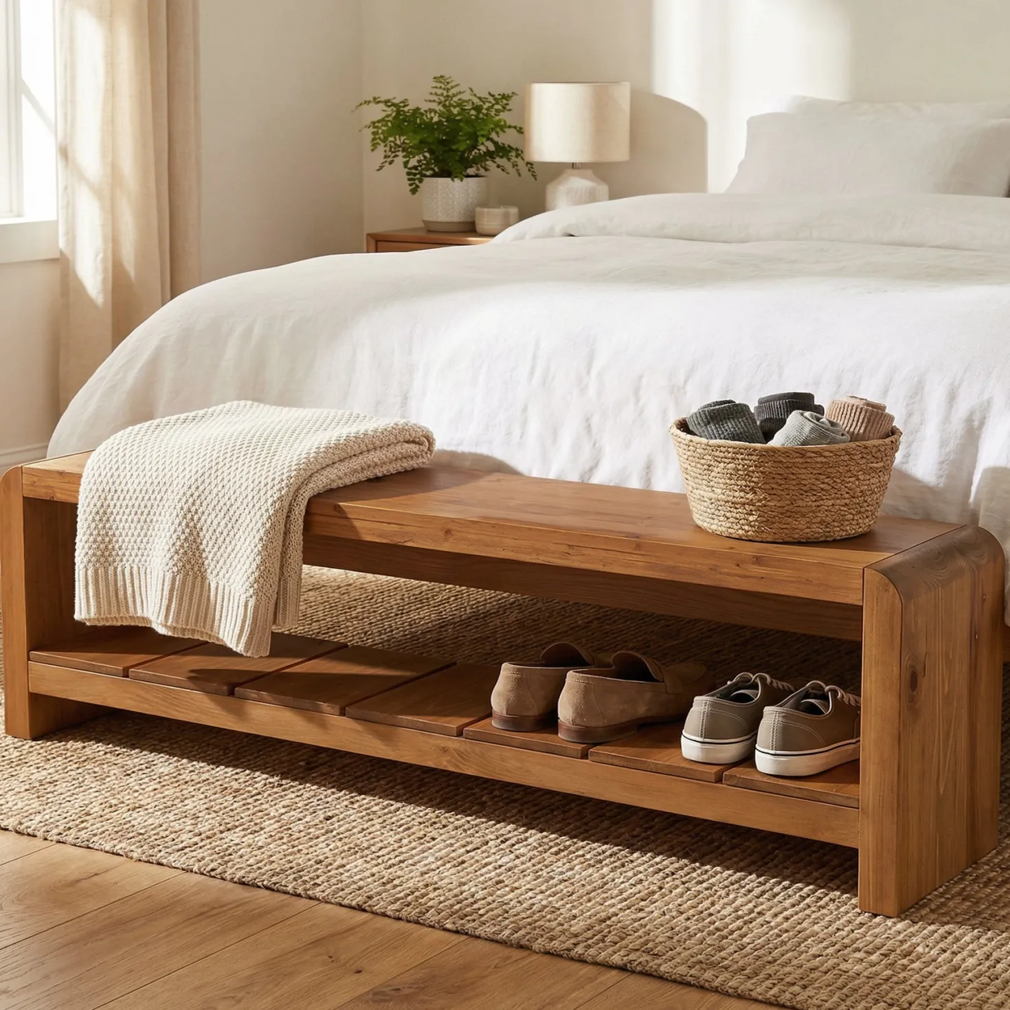59" Solid Wood Entryway Bench, Farmhouse End of Bed Seating Shoe Bench with Storage