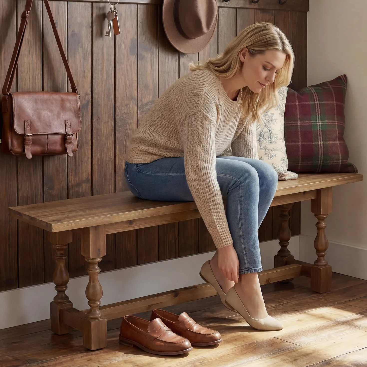 59.1" Solid Wood Entryway Bench with Turned Legs