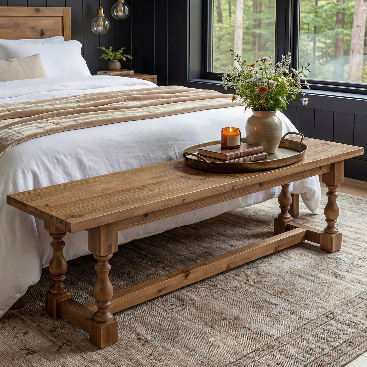 59.1" Solid Wood Entryway Bench with Turned Legs