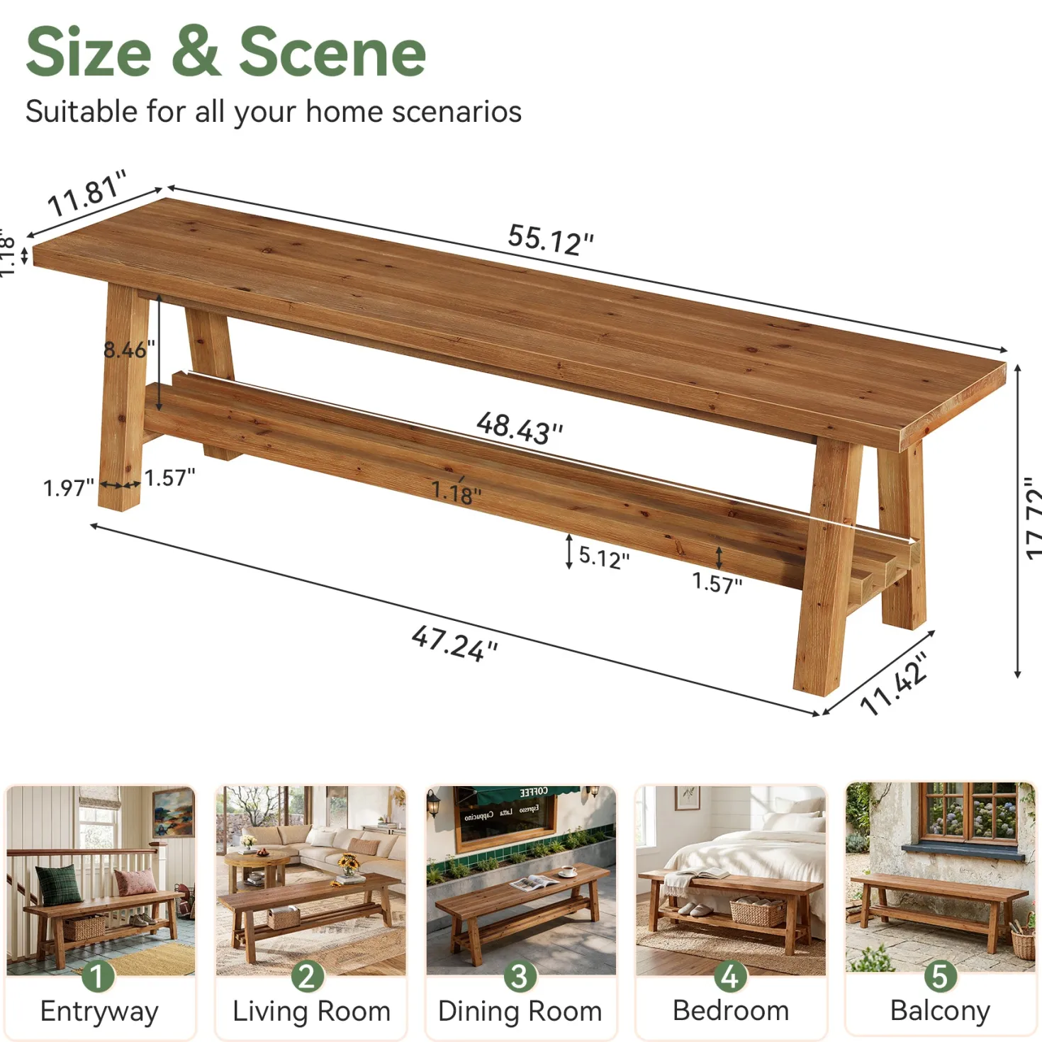 55" Solid Wood Entryway Bench, 2-Tier Shoe Bench with Shelf for Hallway